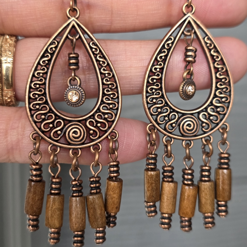 Bronze Teardrop Boho Beaded Earrings Tribal Boheme Jewelry - Picture 3 of 4